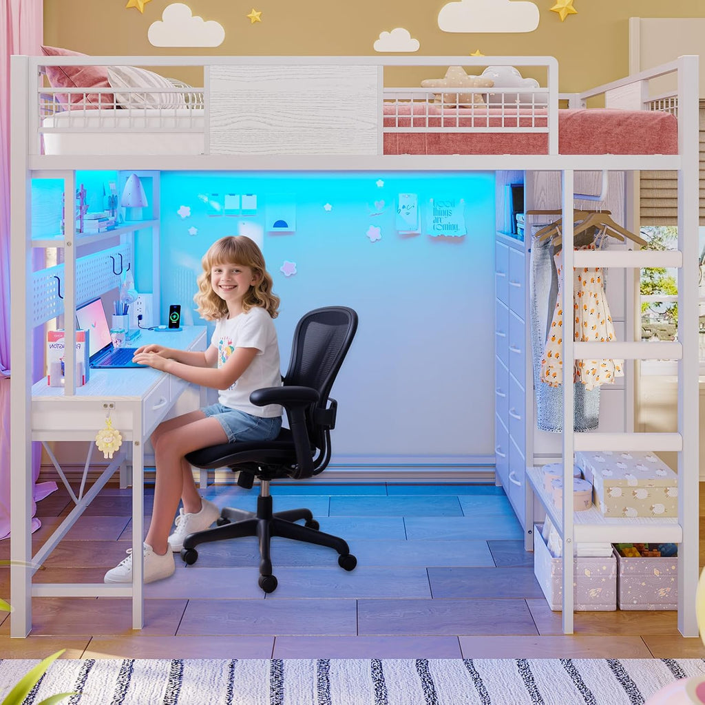 ADORNEVE Twin Size Loft Bed with Desk, 11 Storage Drawers & RGB LED Lights, Metal Loft Bed with Power Outlet, Shelves & Clothing Rack, 13.4' H Safety Guard & Paded Ladder, White