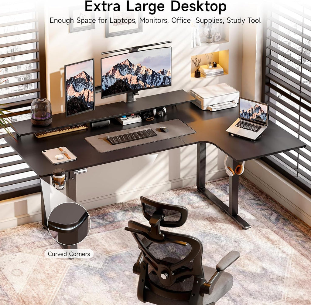 L Shaped Standing Desk, 63x43'' Electric L Stand Up Desk with 2 Adjustable Monitor Shelves, Dual Motor and Memory Controller, Adjustable Height from 28-46'' for Home and Computer Workstation, Black