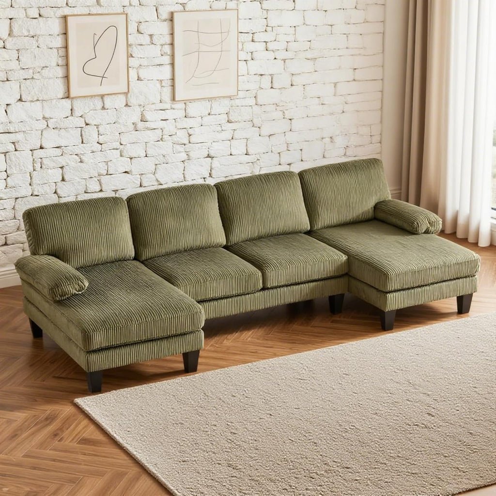 Karl home U-Shape Sectional Sofa Couch 111' Modern 4-Seat Sofa with Chaises Corduroy Fabric Upholstered Covertible Couch with Wood Grain Legs for Living Room, Reception Room, Apartment, Green