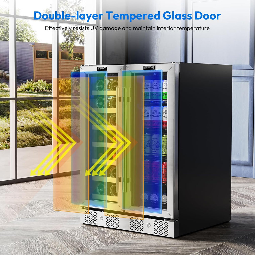 Empava 24' Dual Zone Wine and Beverage Refrigerator Cooler, Freestanding or Under Counter Fridge Chiller with LED Light, 78 Cans and 20 Bottles Capacity, Touch Control, Stainless Steel