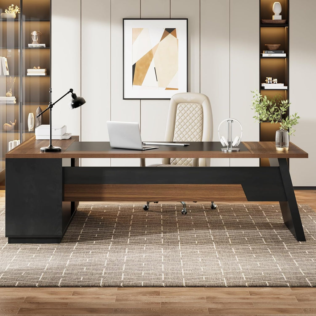 Tribesigns L-Shaped Executive Desk, 78-Inch Modern Office Desk with Drawers and Lateral File Cabinet, Large Bussiness Furniture with Storage Shelves, Workstation for Home Office (Brwon + Black)