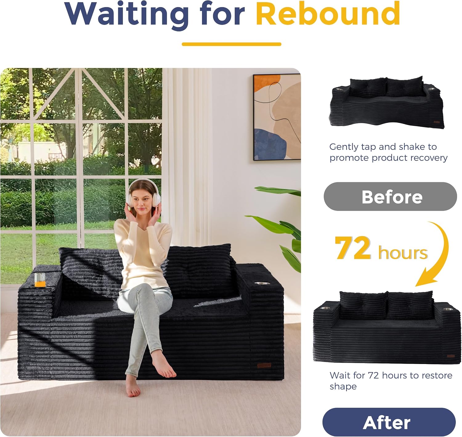 MAXYOYO 63' Boneless Loveseat Sofa Couch for Small Spaces, Mini Love Seat Floor Couch with Cup Holders and Pillows, 2-Seater Upholstered Cloud Couch for Bedroom Apartment, No Assembly Required