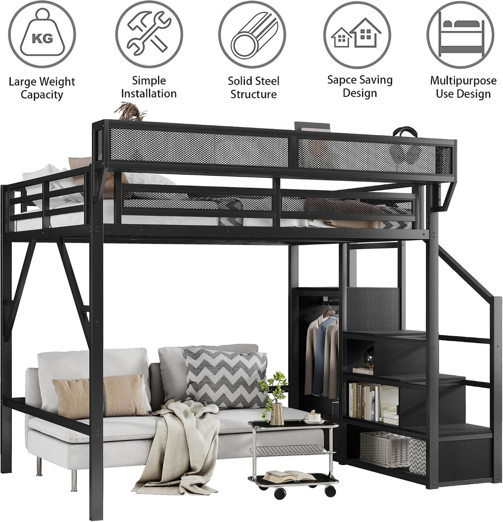 Queen Size Loft Bed Frame for Adults,Metal Queen Lofts Bed with Stairs & Storage Shelf, Heavy Duty High LoftBed with Wardrobe for Teens,Girls Boys, Black +Black Stair