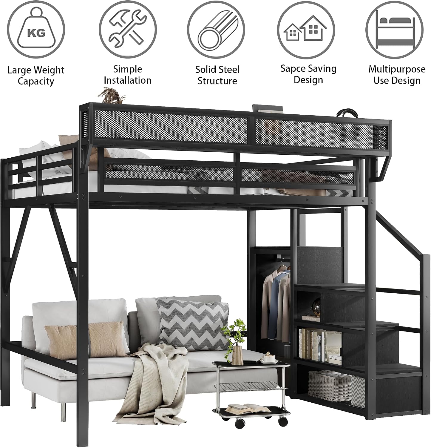 Queen Size Loft Bed Frame for Adults,Metal Queen Lofts Bed with Stairs & Storage Shelf, Heavy Duty High LoftBed with Wardrobe for Teens,Girls Boys, Black +Black Stair