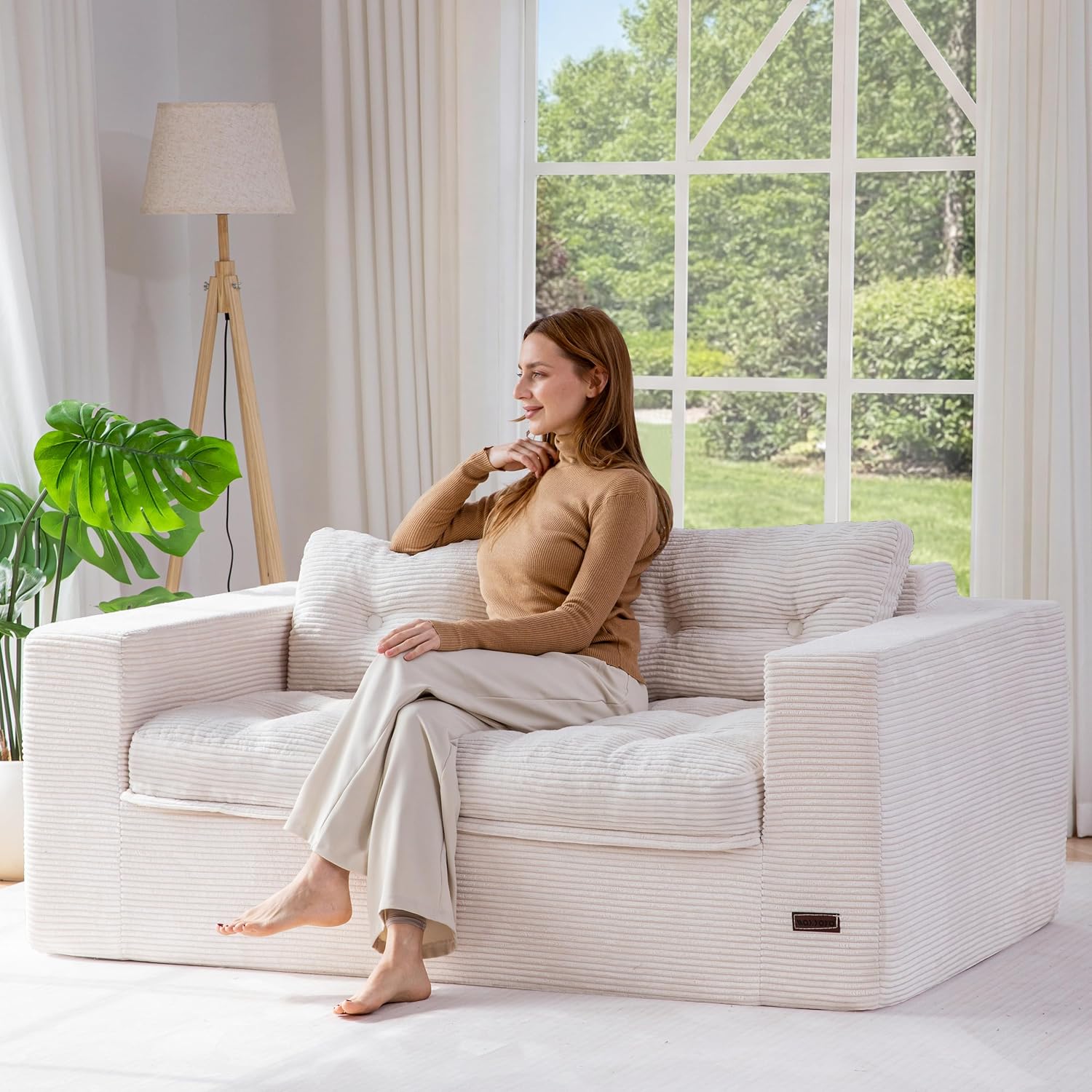 MAXYOYO 63' Loveseat Sofa Couch for Small Spaces, Upholstered Boneless Cloud Couch for Apartment Bedroom, 2-Seater Love Seat Floor Modern Sofa with Pillows, No Assembly Required, Beige