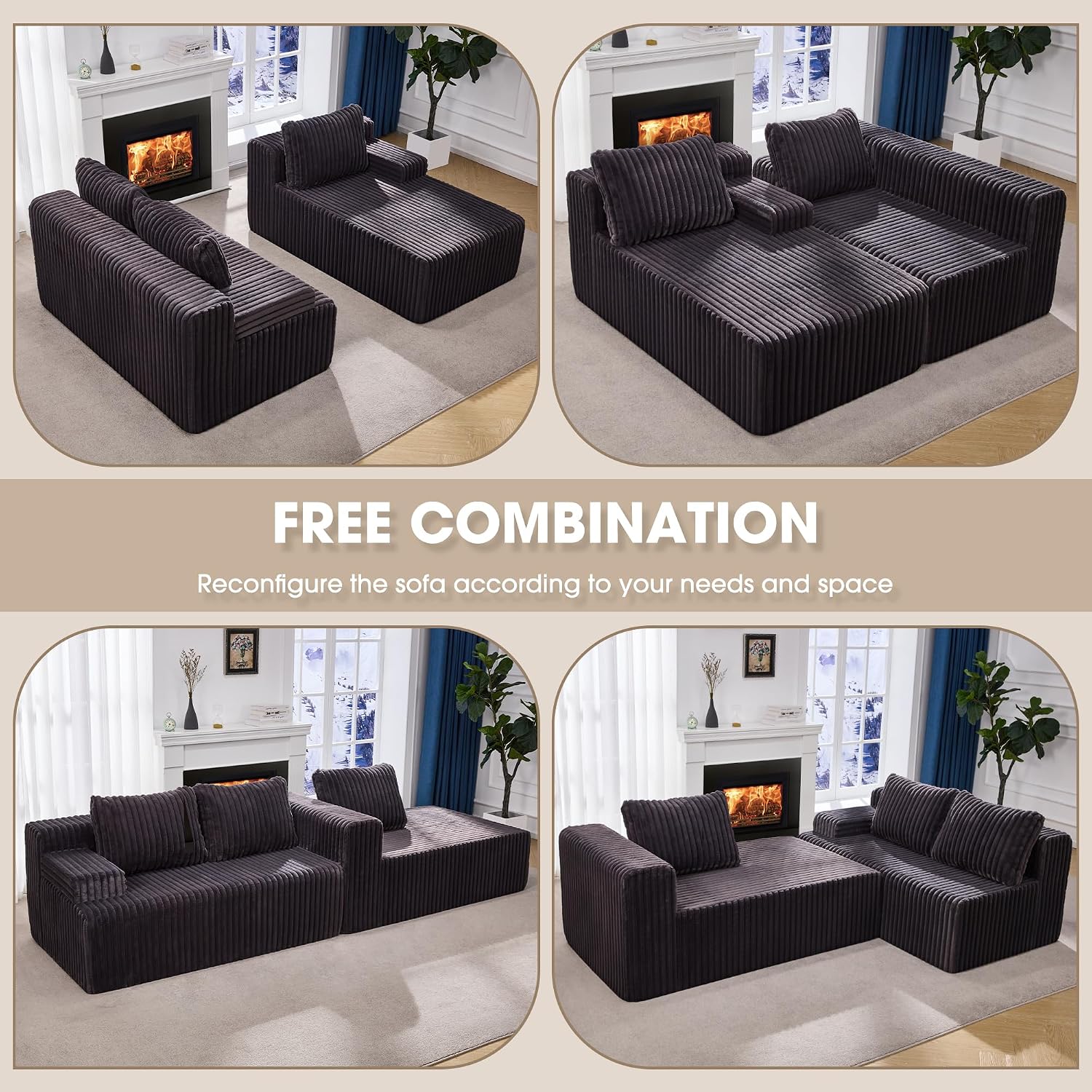 Modular Sectional Sofa Couches L-Shape Couch 3 Seat Modular Sofa Memory Foam Sectional Couches for Living Room, Cloud Couch with Oversized Chaise (Dark Grey Facing Chaise)