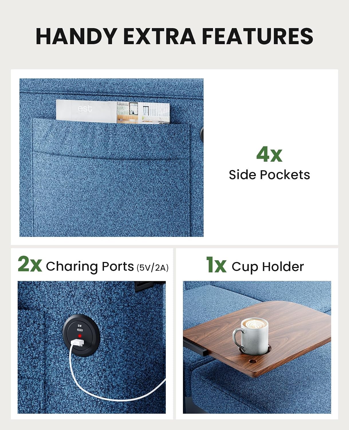 Marsail 3-in-1 Convertible Sofa Bed, 54' Sleeper Sofa with Solid Wood Side Table & Frame, Pull-Out Couch with USB Ports & Side Pockets, Loveseat Sofa with Adjustable Backrest, Blue