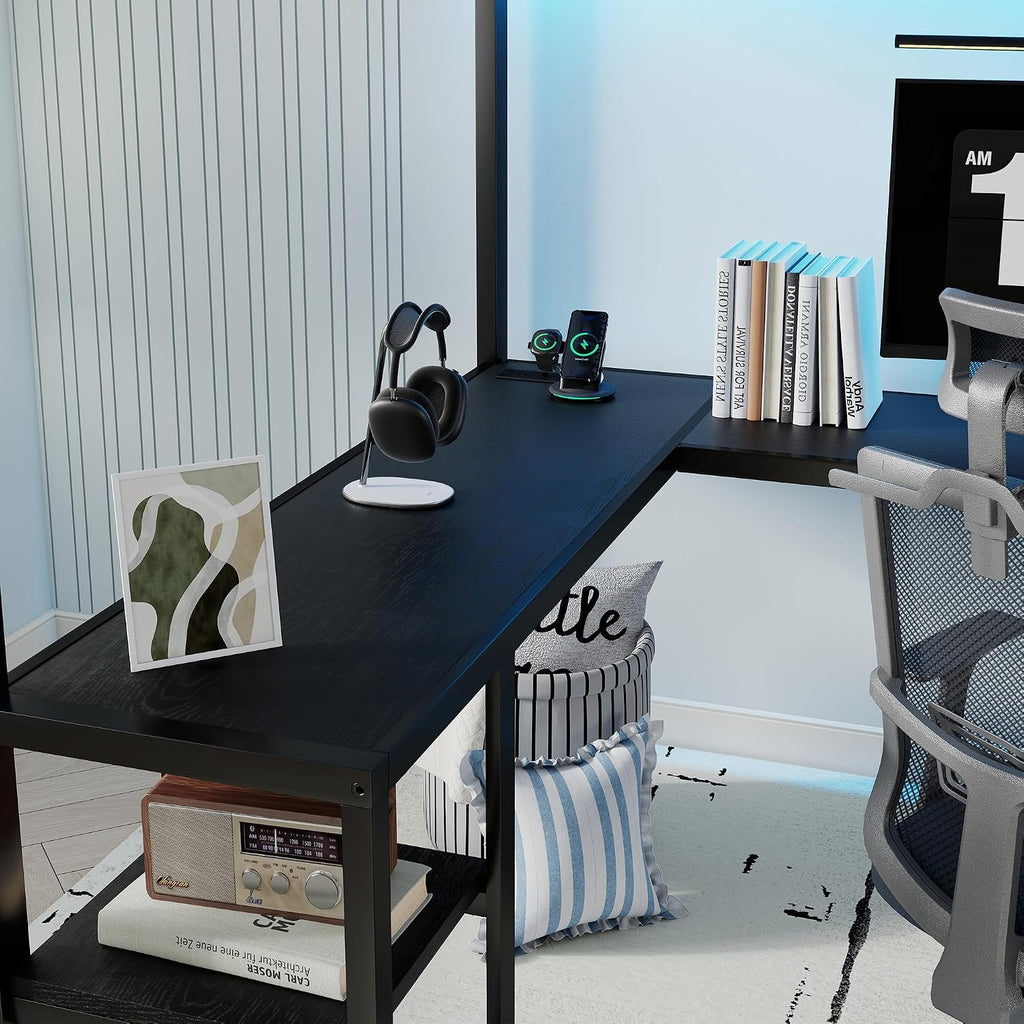 Queen Size Loft Bed with Desk and Stairs, Gaming Loft Bed with RGB LED Light and Storage, Heavy-Duty Metal Loft Beds Frame with Wardrobe, Shelves and Charging Station for Adults Kids Teens, Black