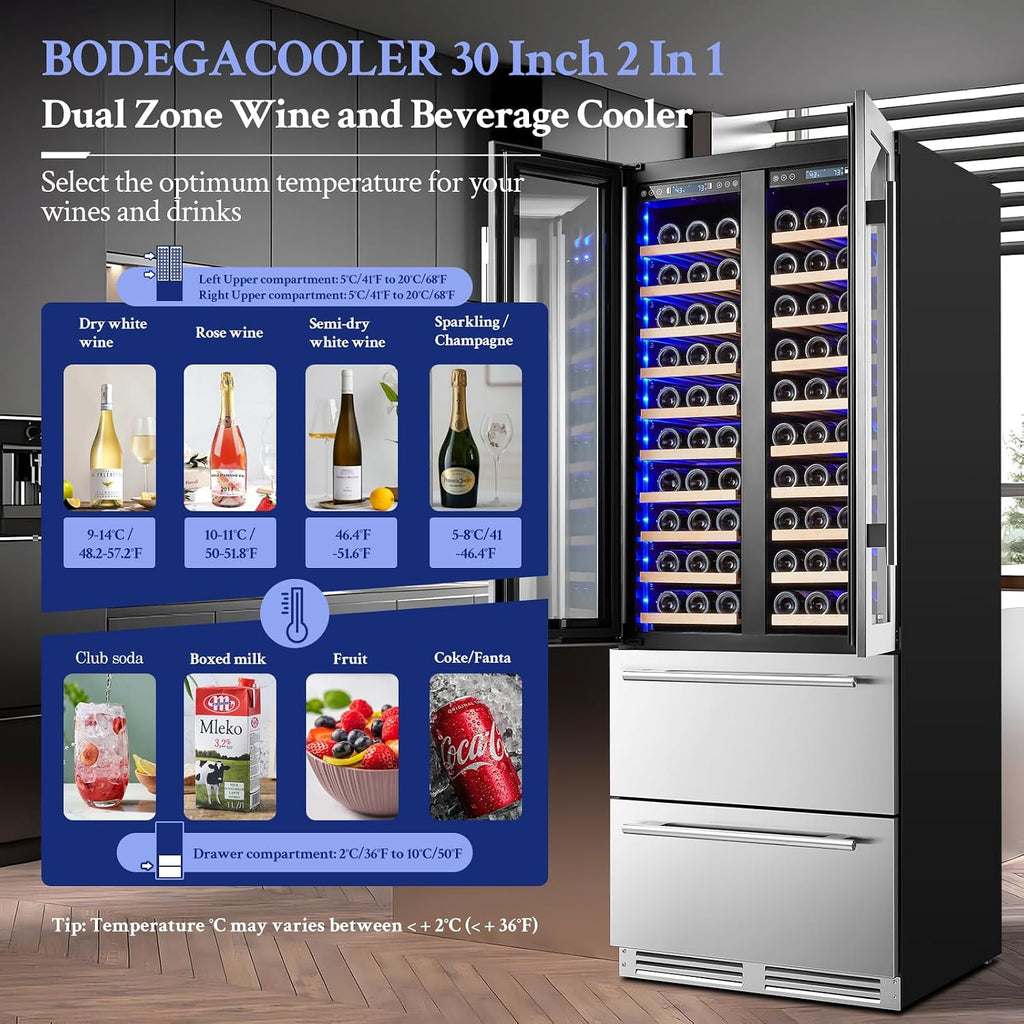 BODEGA BODEGACOOLER Wine and Beverage Refrigerator, 30 Inch 2 IN 1 Dual Zone Wine Cooler,Built-in or Freestanding Beverage Cooler, Soft LED Light Hold 120 Bottles and 234 Cans