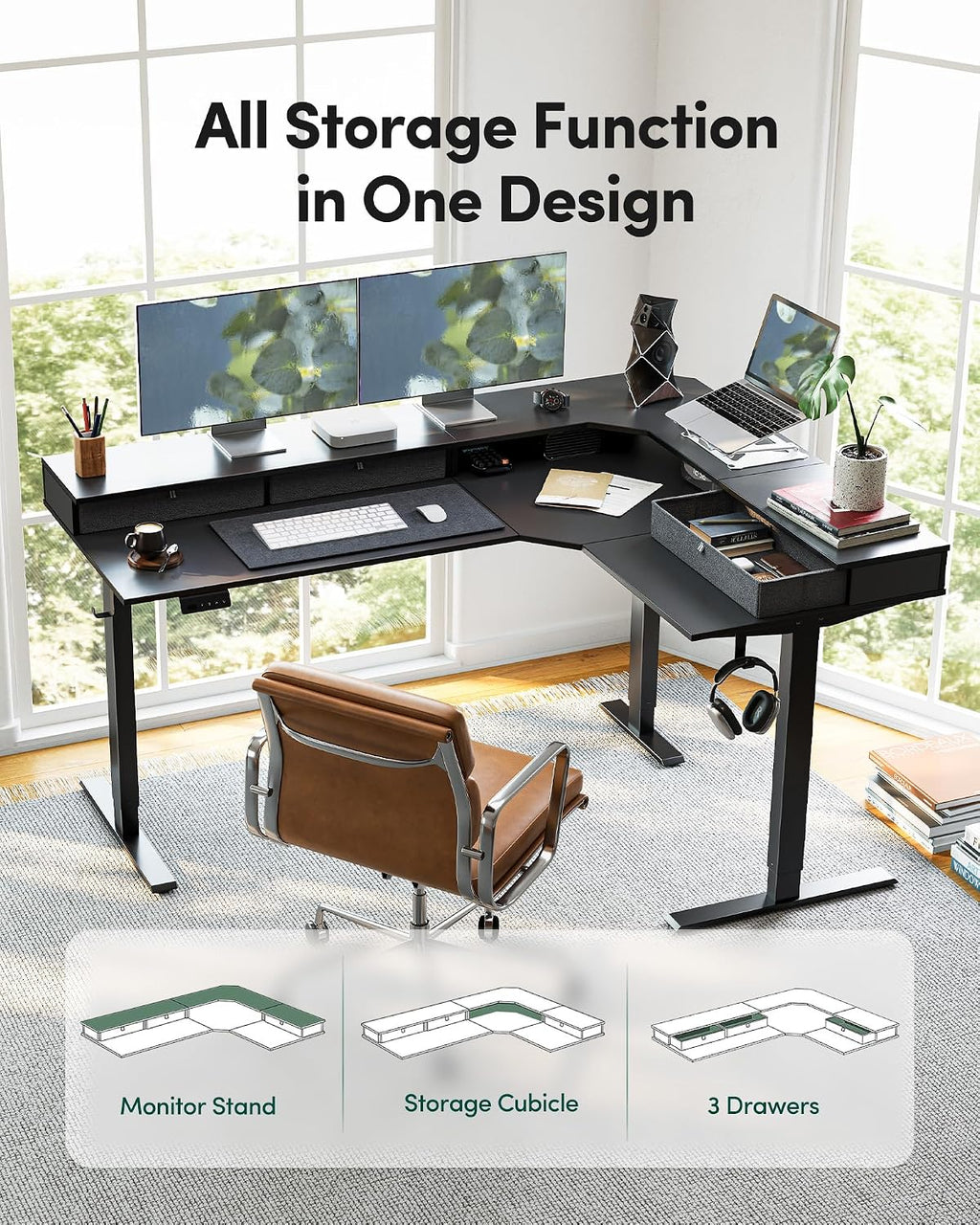 FEZIBO L-Shaped Electric Standing Desk, 63 x 48 Inches Large Height Adjustable, Corner Desk with Drawers, Ergonomic Computer Table, Black Top