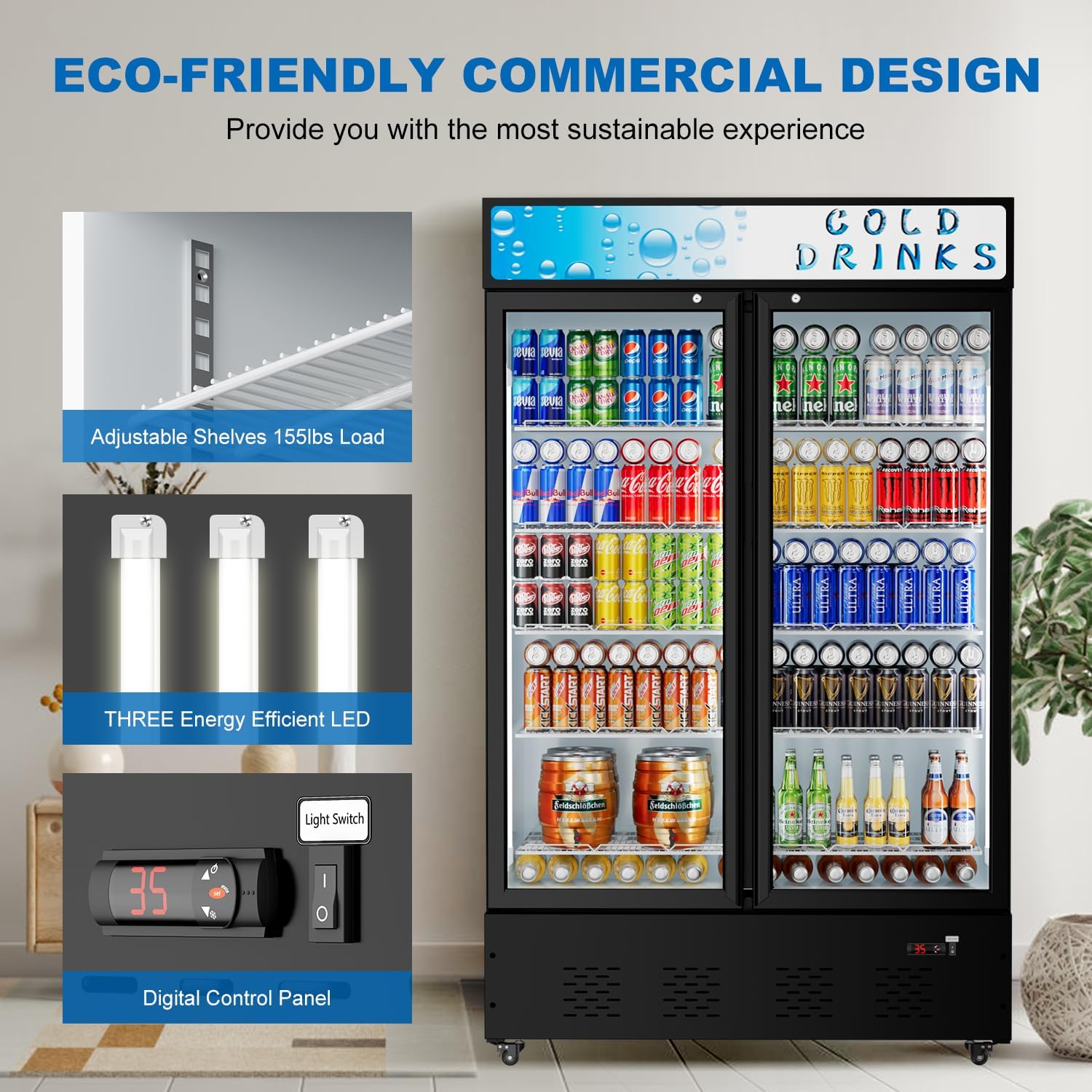 40 Cu.ft. Commercial Beverage Refrigerators, 47.83''Glass Door Refrigerator Upright Display Cooler with Soft LED Light and Adjustable Shelves for Stores
