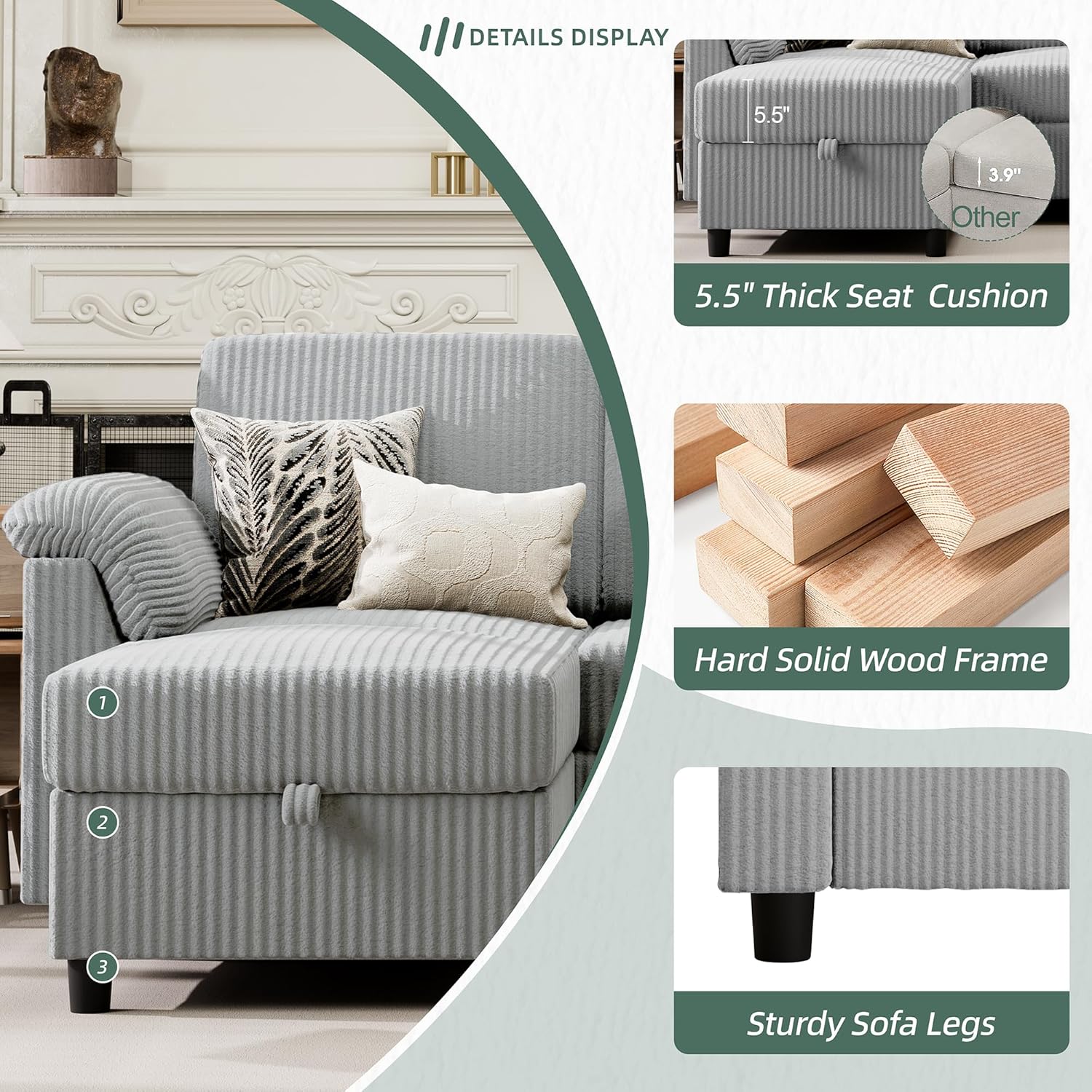 Vongrasig Convertible Sectional Couches Sofa, 3 Seat L Shaped Sofa with Removable Pillows Soft Corduroy Fabric Small Couch Mid Century for Living Room, Bed Room, Apartment and Office (Light Grey)