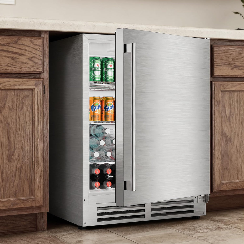 Coolake 24″ Outdoor Refrigerator for Patio, 5.3 Cu.ft/180 Cans Under Counter Beverage Cooler, Stainless Steel Built-in or Freestanding Weather Proof Beverage Fridge for Backyard Kitchen