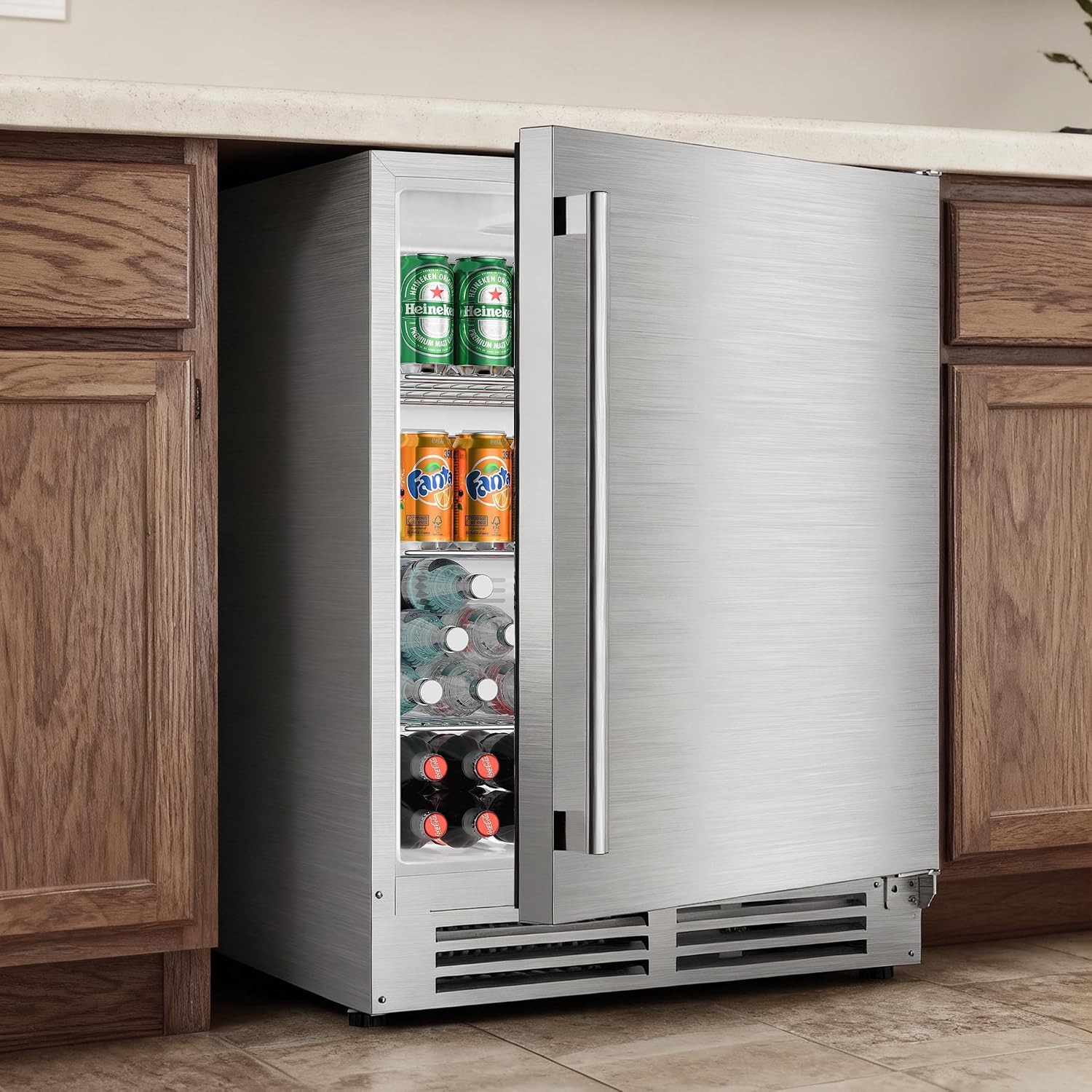 Coolake 24″ Outdoor Refrigerator for Patio, 5.3 Cu.ft/180 Cans Under Counter Beverage Cooler, Stainless Steel Built-in or Freestanding Weather Proof Beverage Fridge for Backyard Kitchen