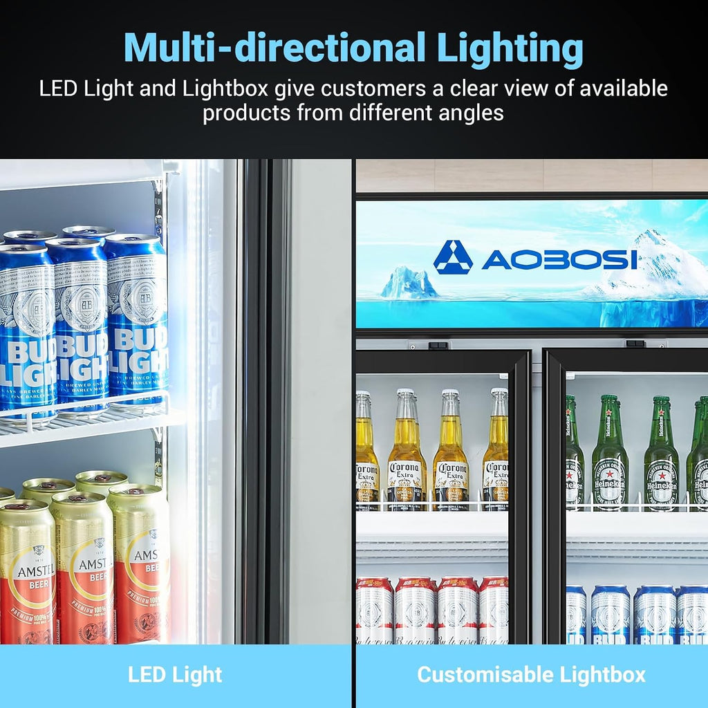 AAOBOSI 50' Wide Commercial Merchandiser Refrigerator,36.8 Cu.Ft Glass Door Display Refrigerator,Upright Beverage Fridge with Soft LED Light,Customizable Lightbox,Universal Casters, Adjustable Shelves