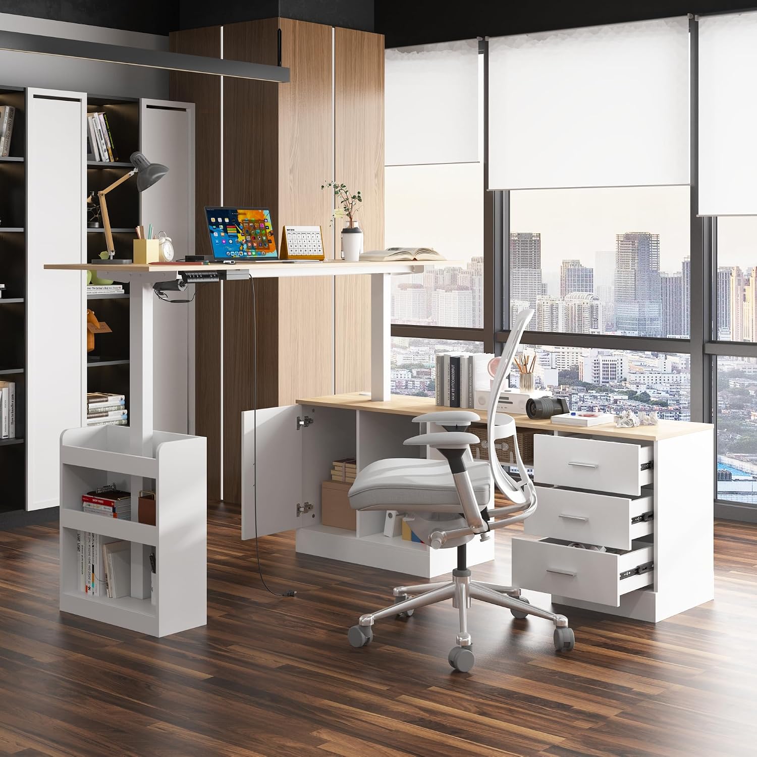 63' W Height Adjustable Standing Desk with Drawers & Cabinet, Electric Stand up Desk with Storage, L Shaped Home Office Table Corner Computer Workstation, White & Oak (28.4'-45.8' H)