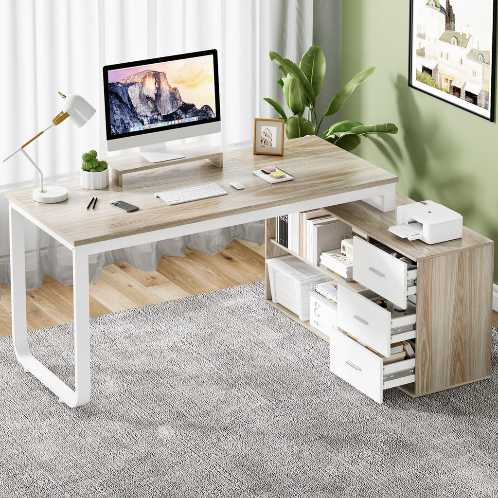 MaverickFurni 55' L Shaped Desk with Drawers and Shelves, Home Office Desk with Monitor Stand for Work Writing Study, Reversible Corner Desk with Storage, White and Walnut