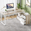MaverickFurni 55' L Shaped Desk with Drawers and Shelves, Home Office Desk with Monitor Stand for Work Writing Study, Reversible Corner Desk with Storage, White and Walnut