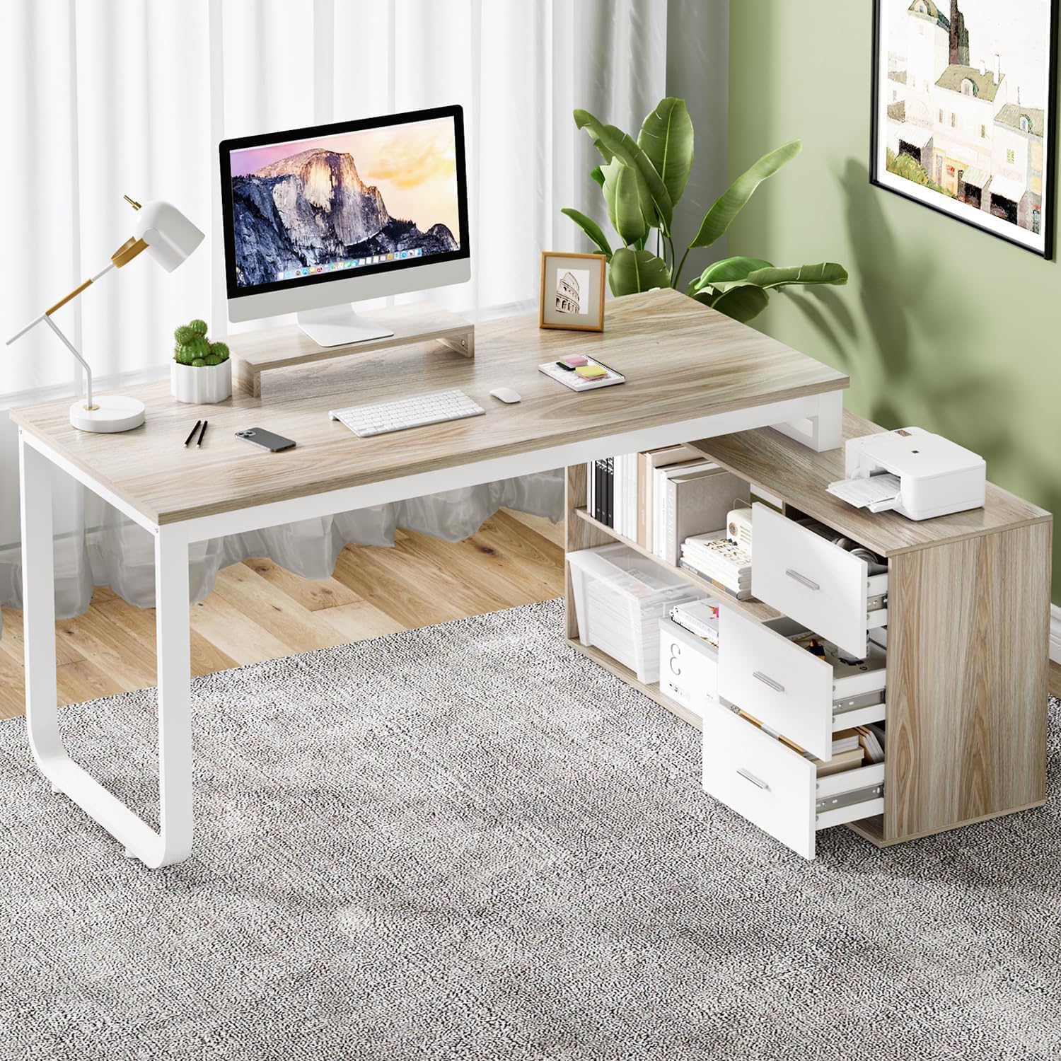 MaverickFurni 55' L Shaped Desk with Drawers and Shelves, Home Office Desk with Monitor Stand for Work Writing Study, Reversible Corner Desk with Storage, White and Walnut