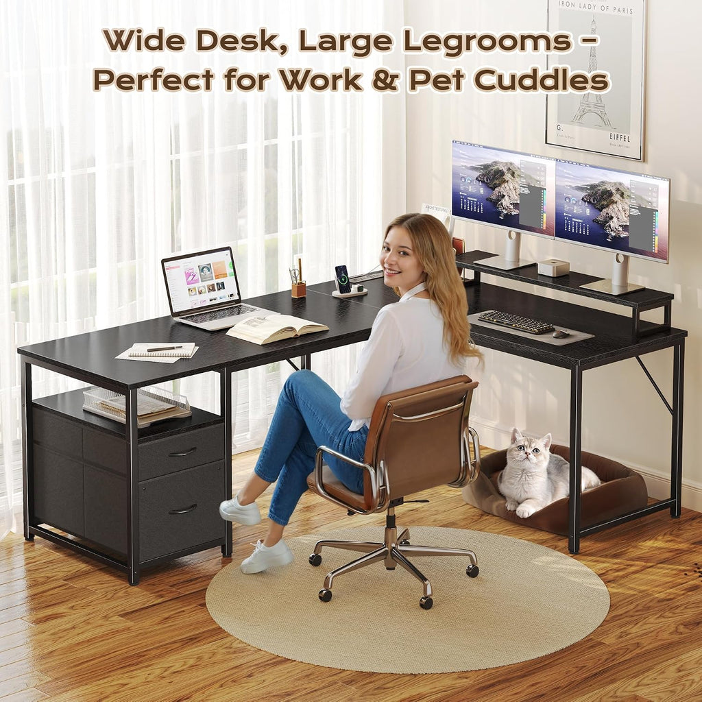 PRAISUN 55 Inch L Shaped Desk with Power Outlets and USB-C Port, Computer Corner Home Office Desk with File Fabric Drawers and Movable Monitor Stand, Larger Storage for Gaming, Work, Black