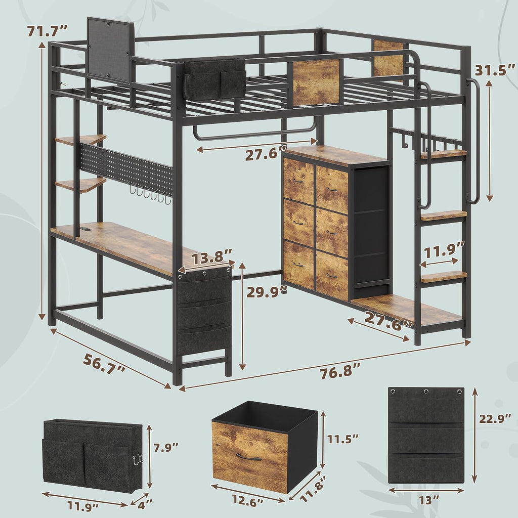Dnxao Full Size Loft Bed with Desk, Heavy Duty Metal Bed Frame for Teens Adults, 6 Storage Drawers, Power Outlet with Type-C, LED Lights, Integrated Study Workstation for Small Room, Rustic Brown