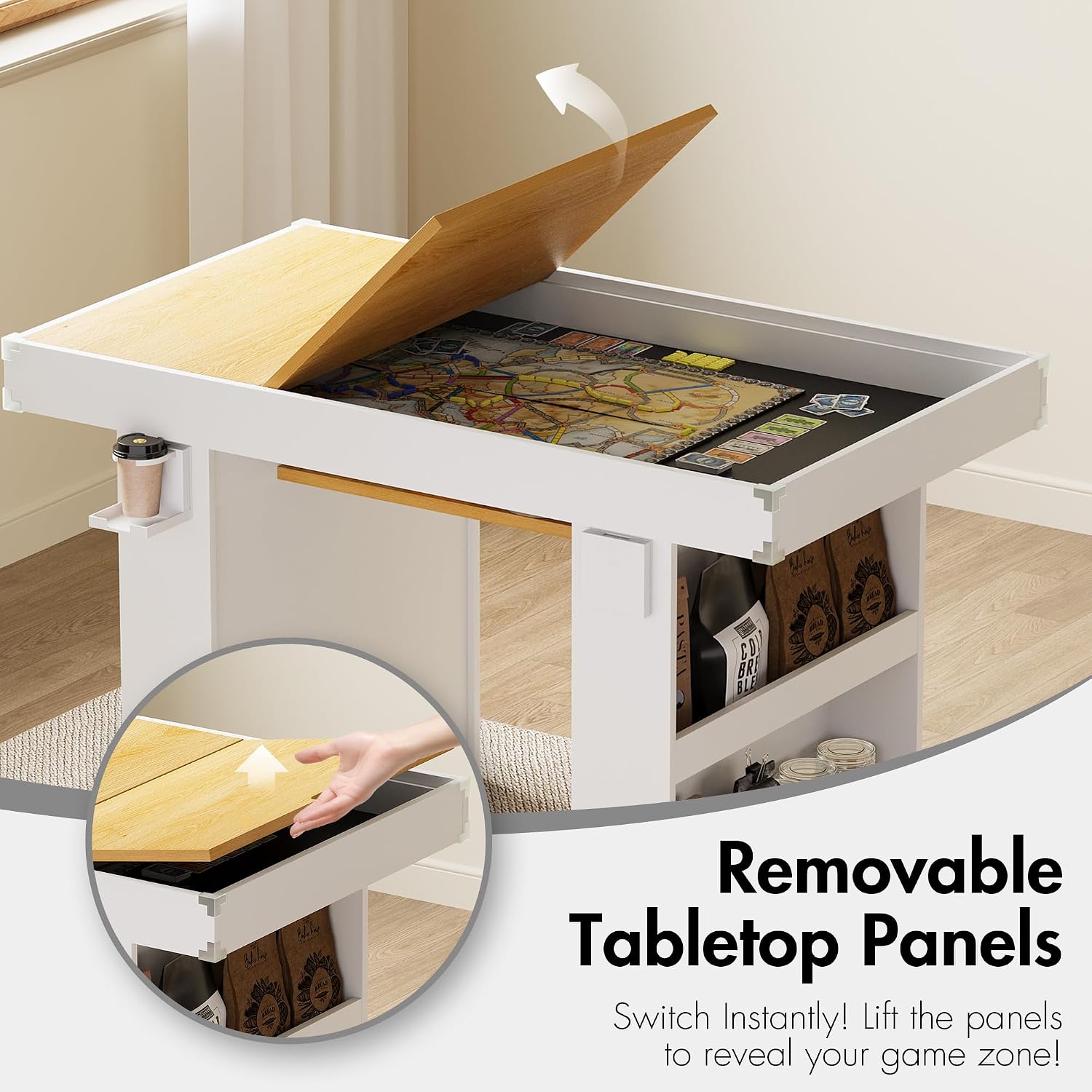 Gaming & Dining Table with Removable Top & PU Leather Mat, Board Game Table for 4-6 Players, Side Storage Shelves & Cup Holders, Corner Protectors, for Card Games, DND, Poker & Building Blocks
