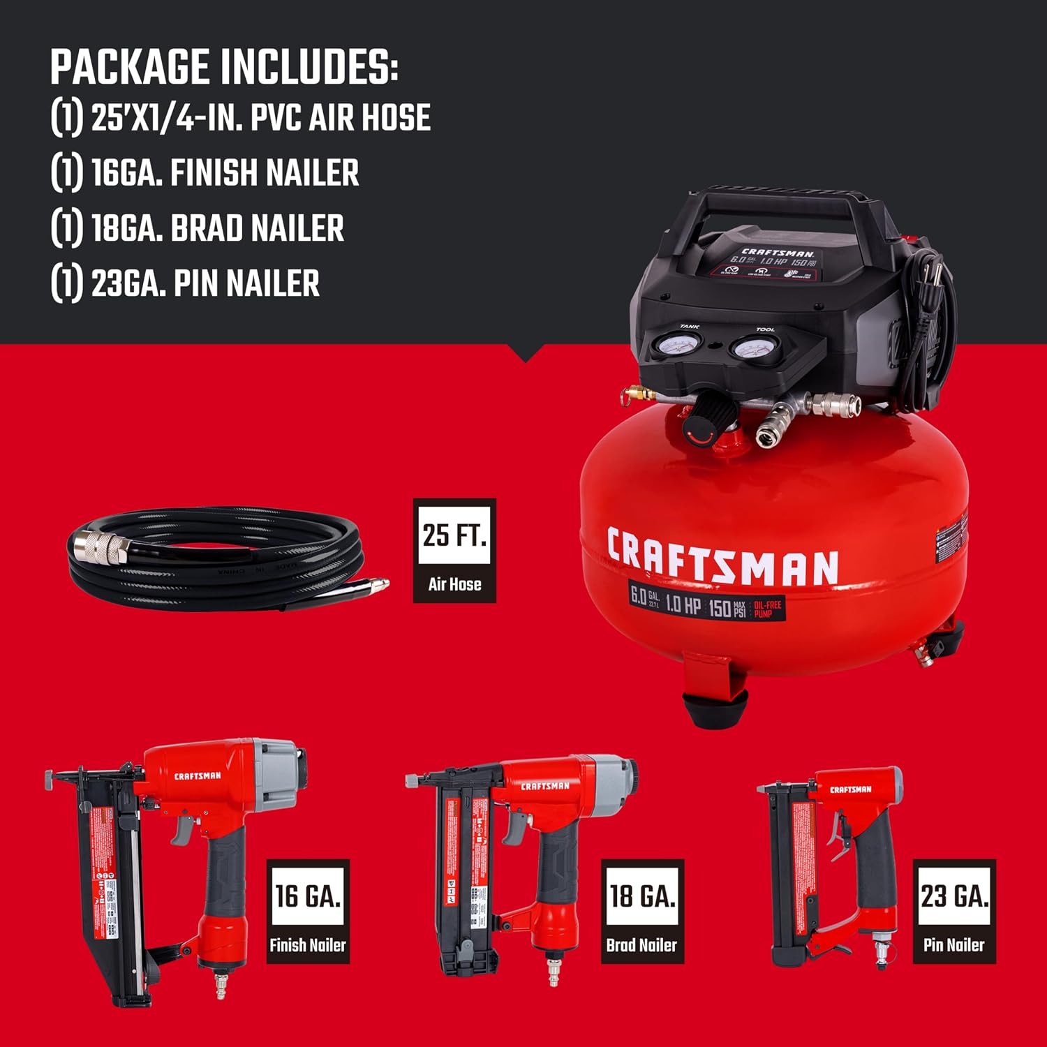 Craftsman 6-Gallon Pancake Air Compressor 4-Tool Combo Kit, 150 PSI, Oil-Free, Includes 16GA Finish Nailer, 18GA Brad Nailer, 23GA Pin Nailer & 25-Ft Air Hose, Model CMXECXA0210641K