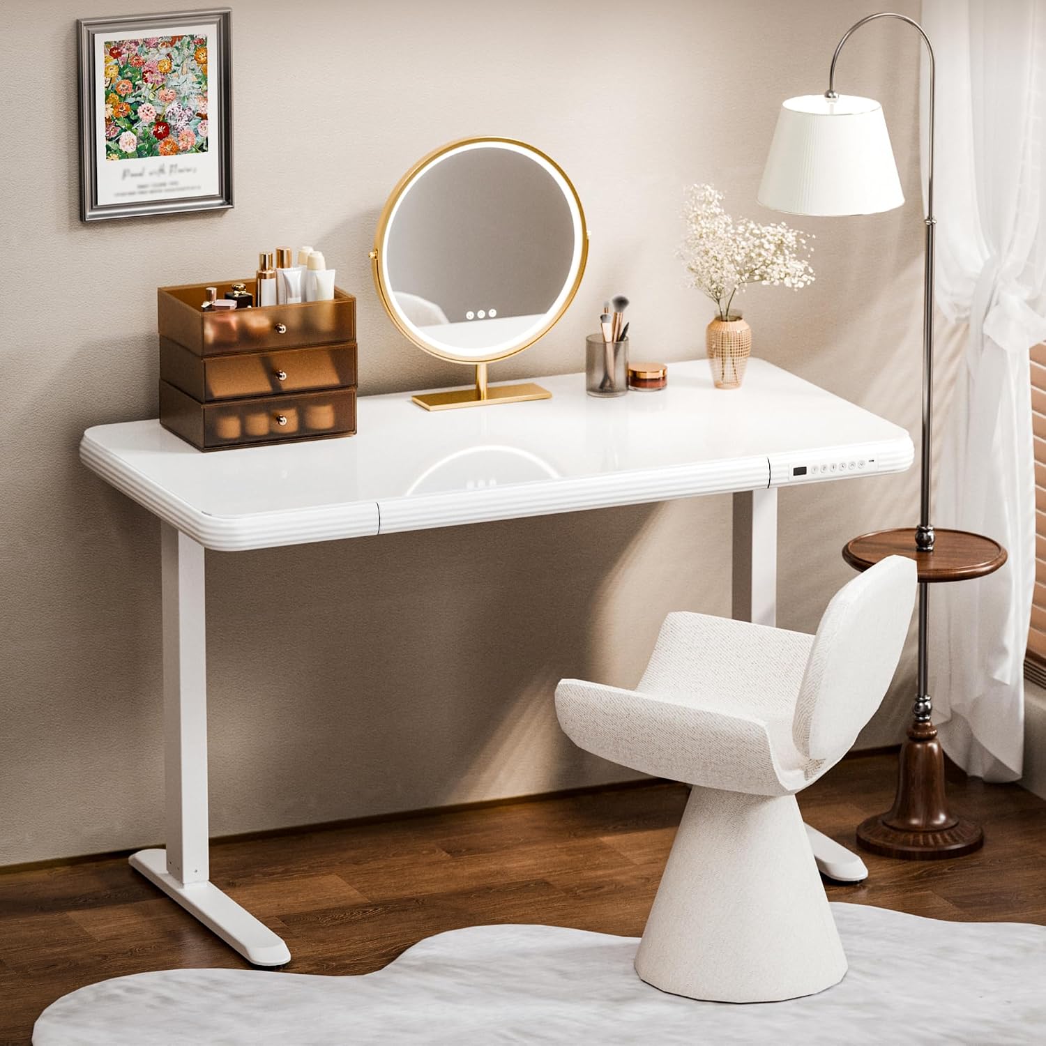 FLEXISPOT Comhar Electric Pure Glass Standing Desk with Drawer Desktop & USB Charge Ports, 48' Ergonomic Height Adjustable Sit to Stand Desk for Home Office (White, Glass)