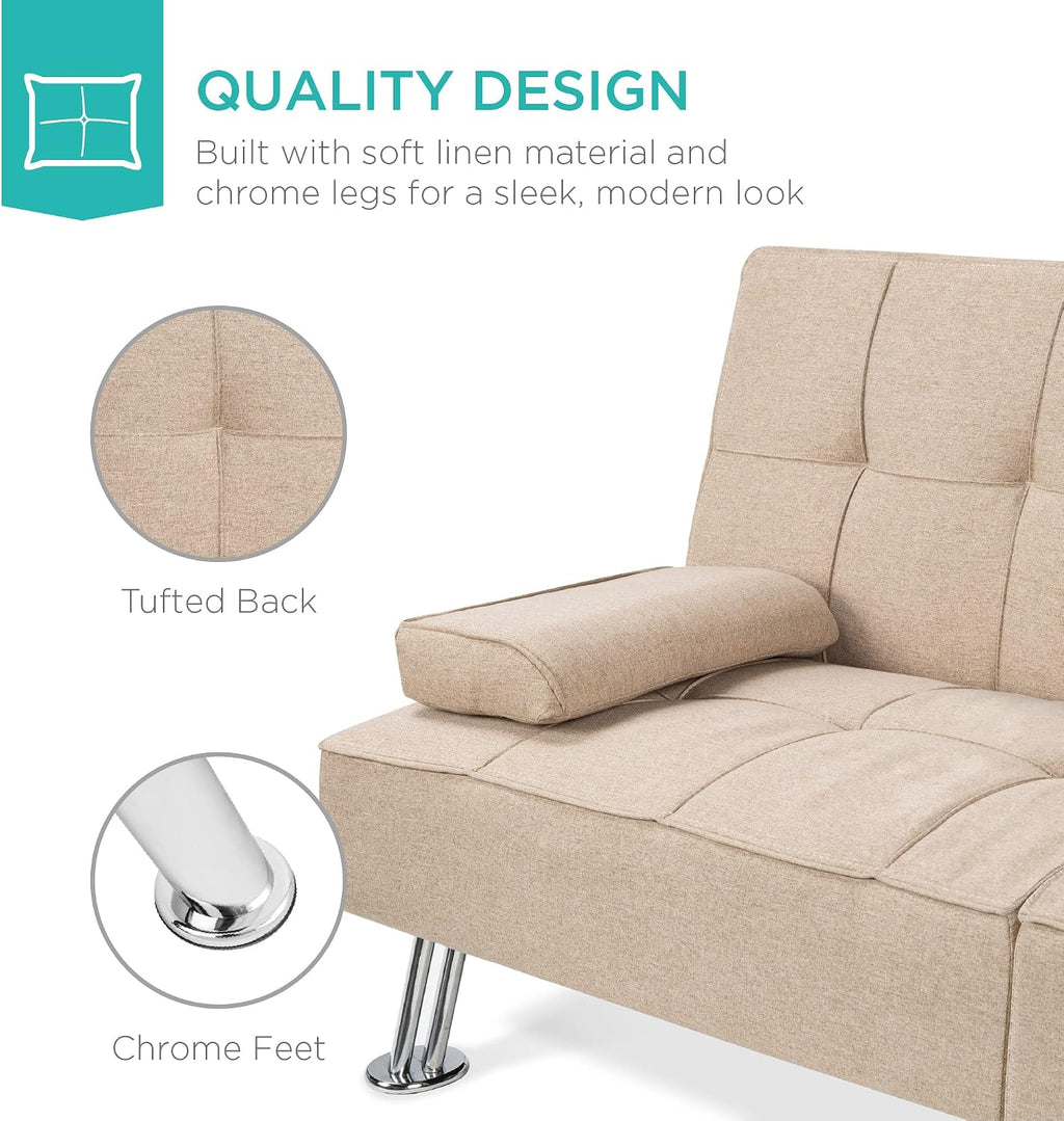 Best Choice Products Linen Modern Folding Futon, Reclining Sofa Bed for Apartment, Dorm w/Removable Armrests, 2 Cupholders - Beige