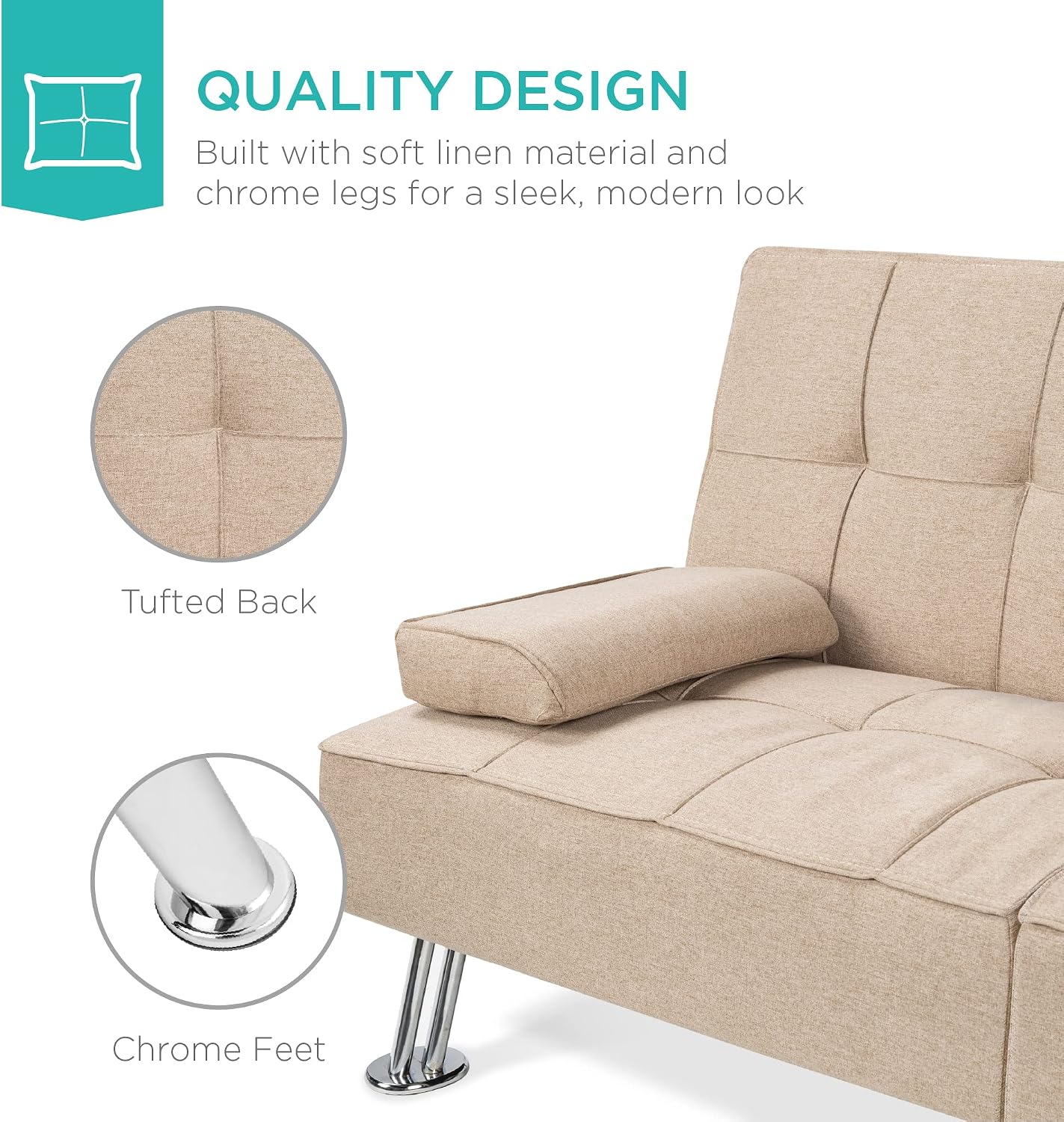 Best Choice Products Linen Modern Folding Futon, Reclining Sofa Bed for Apartment, Dorm w/Removable Armrests, 2 Cupholders - Beige