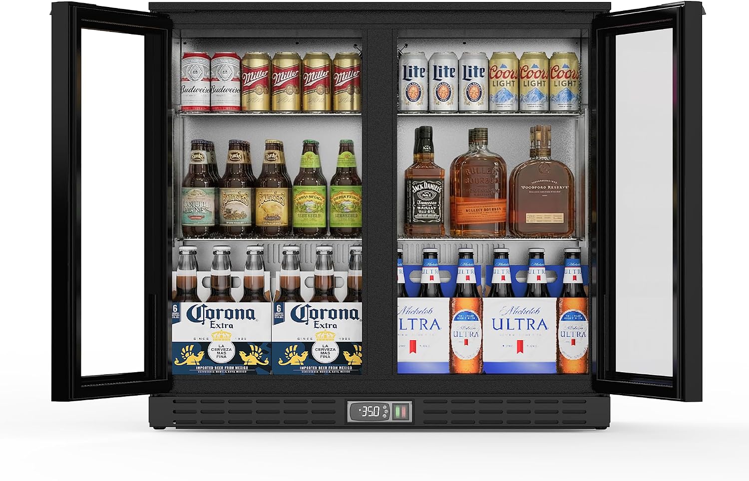 Coolake Back Bar Cooler Refrigerator with 2 Glass Doors, 7.4 cu.ft Commercial Under Counter Height Beverage Refrigerator with LED Lighting, Display Drink Fridge for Home Bar, Man Cave, Garage, Office