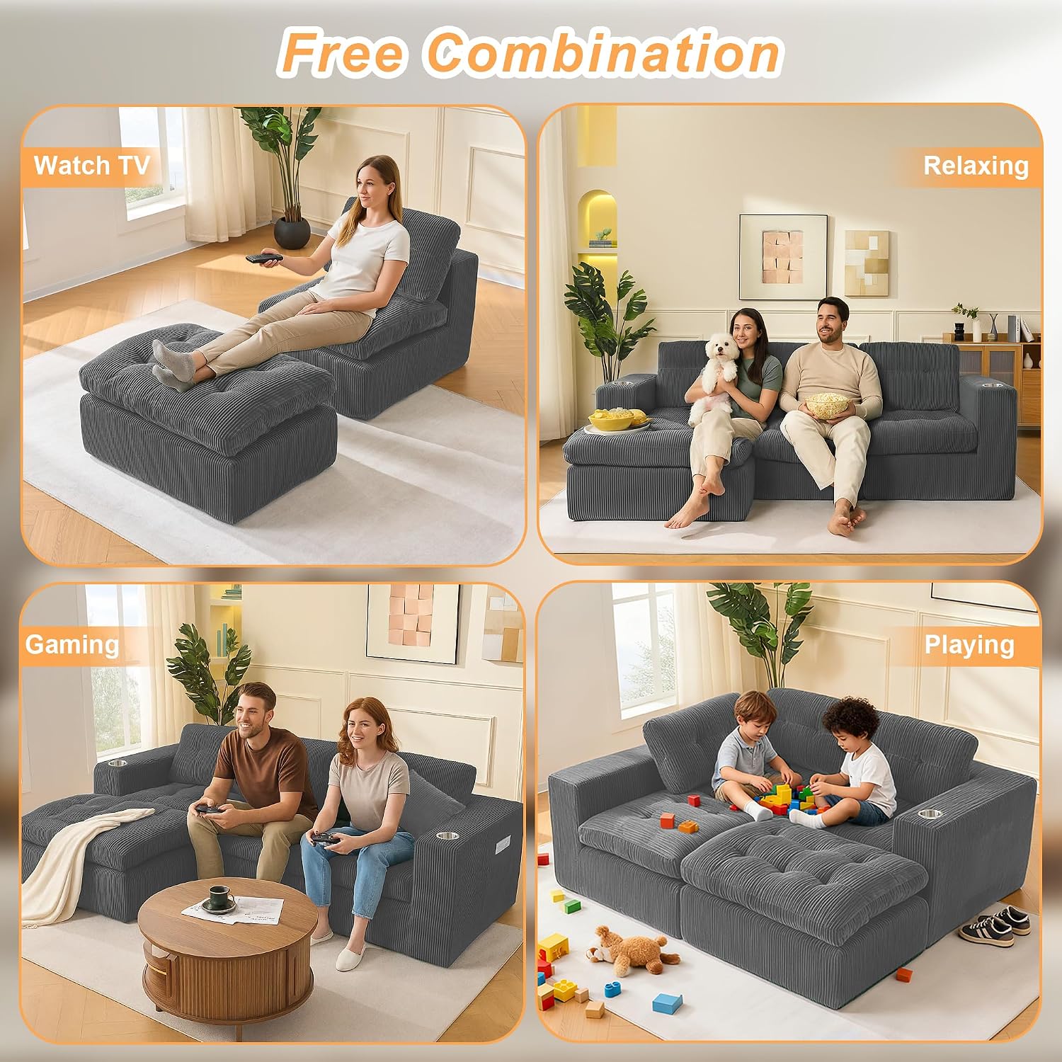 108 inch L Shaped Modular Sofa Bed, 50' Deep Seat Corduroy Boneless Sectional Couch with Ottoman No Assembly, 1400lbs Capacity Cloud Sleeper for Living Room Apartment (Dark Gray)