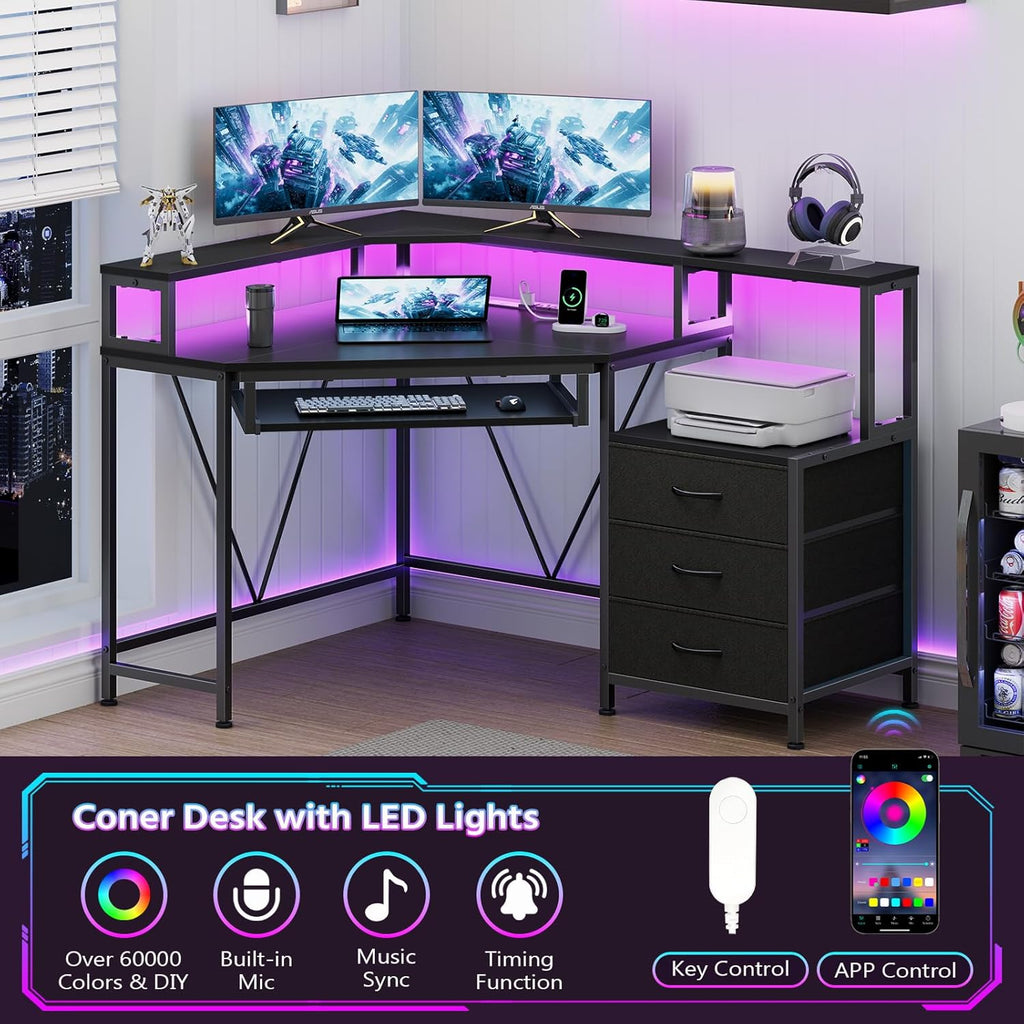 YOMILUVE Small Corner Desk with Drawers, Corner Gaming Desk with Power Outlets & Printer Shelf for Small Space, Triangle Computer Desk with LED Lights, Keyboard Tray and Monitor Stand, Black