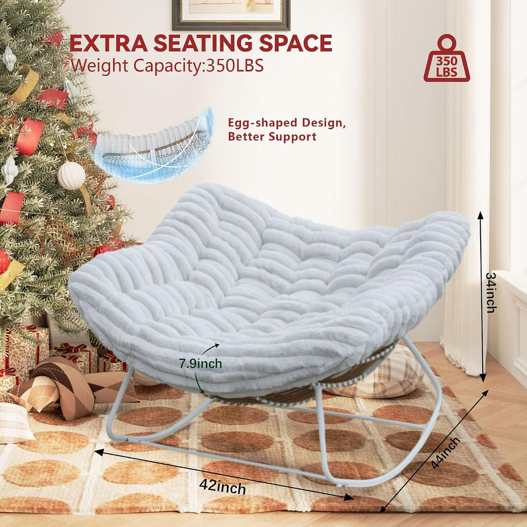 Papasan Rocking Chair, Rattan Rocking Chair, Oversized Outdoor Chair with Deep Seat Thick Cushion, Patio Rocking Chair for Bedroom/Porch/Garden (Light Grey & White)