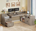 SEDETA Farmhouse L Shaped Desk with Drawers, 59' Office Desk with File Drawers, Wood Corner Computer Desk with Storage, Home Office Desks with Storage Cabinet and Monitor Stand, Grey