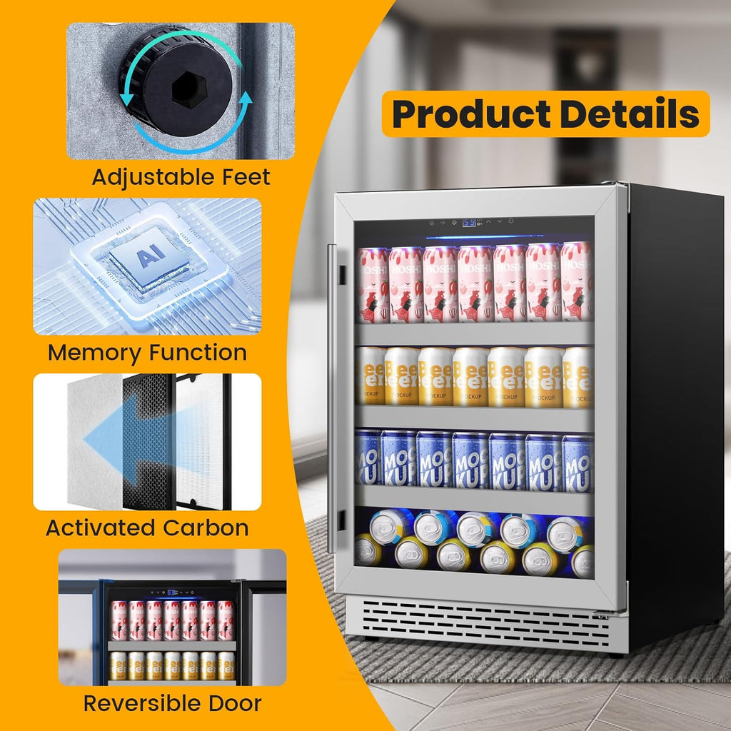 24 Inch Beverage Refrigerator,190 Cans Freestanding/Under Counter Beverage Fridge with Glass Door,Air Cooling Wine Beverage Cooler with Reversible Door,Memory Function for Wine,Beer and Soda
