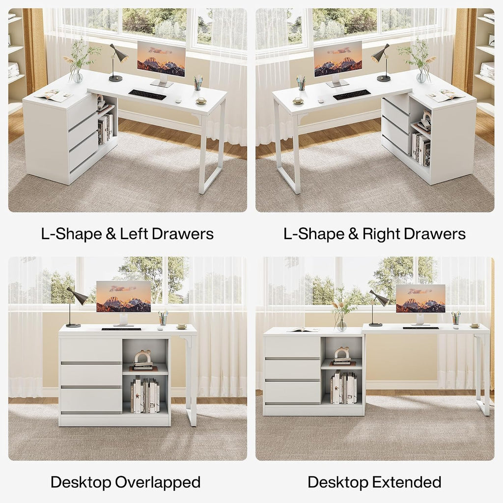 Tribesigns L-Shaped Computer Desk with Drawers and Shelves, Reversible White Corner Office Desk with Storage Cabinet, Modern Study Writing Table for Home Office, Bedroom