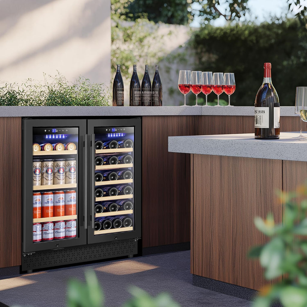 Tylza 30 Inch Wine and Beverage Refrigerator, Dual Zone Wine Beverage Cooler 30' with French Door, Under Counter Wine Beer Fridge Built-In or Freestanding, Holds 29 Bottles and 110 Cans, Black