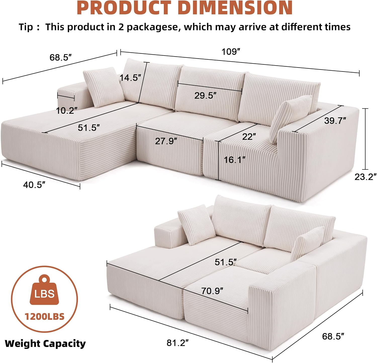 108' Modular Sectional Sofa, Cloud Sectional Couch with Deep Seat, Modern Modular L-Shape Sofa Couch with Chaise,Upholstered Boneless Couches for Living Room Bedroom (Beige, Left Facing Chaise)
