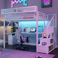Full Loft Bed with Desk and Stairs, Metal Lofts Bed Full Size with Upper Storage Shelf, Gaming LoftBed with LED, Charging Station and Wardrobe for Teens, Adults,White