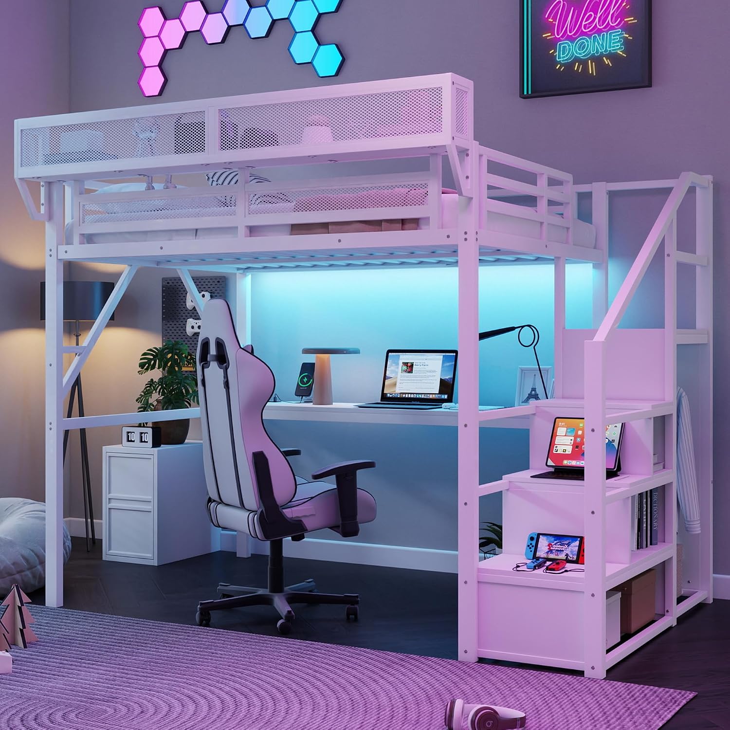 Full Loft Bed with Desk and Stairs, Metal Lofts Bed Full Size with Upper Storage Shelf, Gaming LoftBed with LED, Charging Station and Wardrobe for Teens, Adults,White