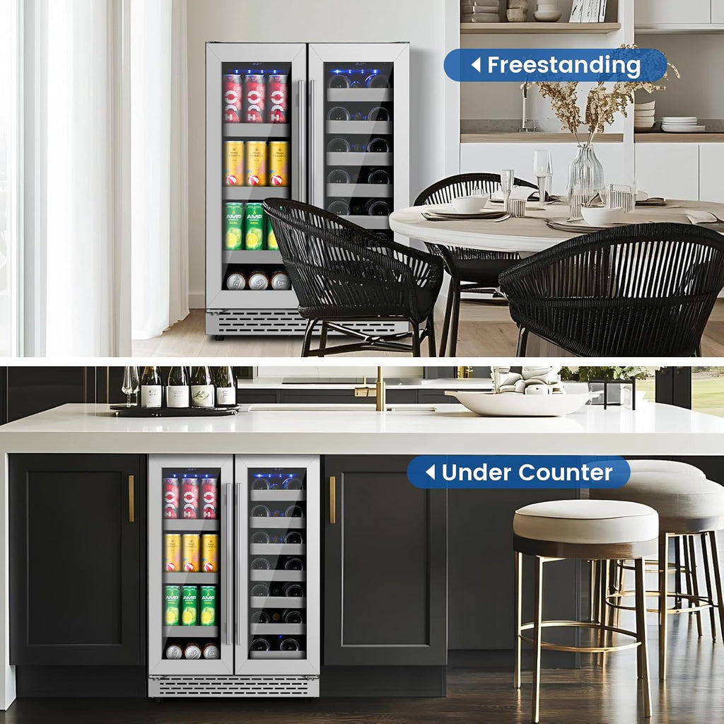 24 Inch Wine and Beverage Refrigerator, Dual Zone Wine Cooler Refrigerator- 20 Bottles & 88 Cans with Stainless Steel Racks, Under Counter/Freestanding Beverage Fridge for Drink/Beer/Wine