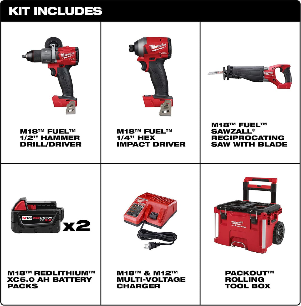 Milwaukee 2997-23SPO M18 FUEL 18-Volt Lithium-Ion Brushless Cordless Combo Kit (3-Tool) with Two 5.0 Ah Battery and PACKOUT Rolling Tool Box