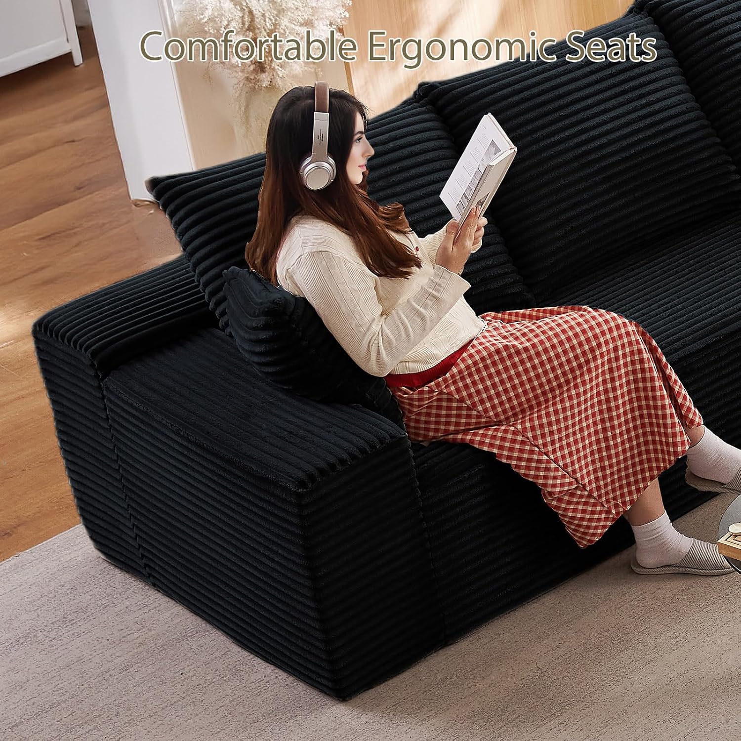 140' L Shaped Cloud Sectional Couch for Living Room, Modular Floor Deep-Seat Sofa, Big Comfy Corduroy Couches Set with Fluffy Memory Foam for Living Room Bedroom, No Assembly Required, Black