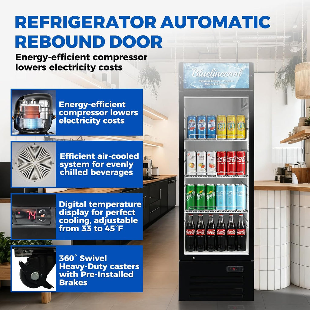 Commercial Refrigerators 9 Cu.Ft Upright Merchandiser Drink Cooler – Glass Door Beverage Fridge with LED Light, Adjustable Shelves, Lock Wheels – Display Refrigerator for Beer, Bar, Shop