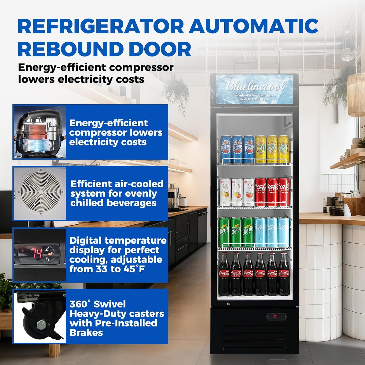 Commercial Refrigerators 9 Cu.Ft Upright Merchandiser Drink Cooler – Glass Door Beverage Fridge with LED Light, Adjustable Shelves, Lock Wheels – Display Refrigerator for Beer, Bar, Shop