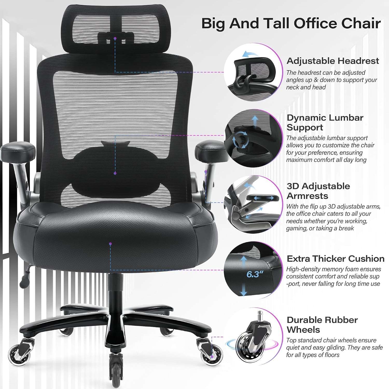 600lbs Big and Tall Office Chair- Heavy Duty Executive Computer Chair with 3D Flip Arms Large Wheels, Ergonomic Mesh High Back Desk Chair, Extra Wide Seat Adjustable Lumbar Support&Headrest