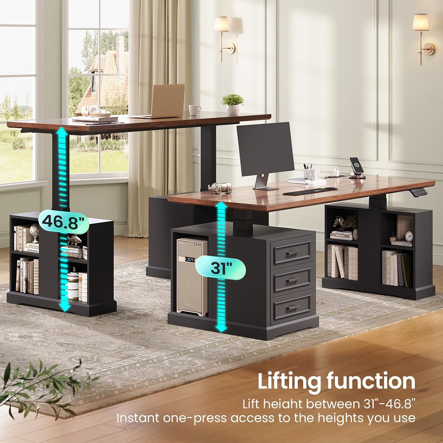 SEDETA Farmhouse Electric Standing Desk, 63' Height Adjustable Computer Desk with 3 Drawers, Storage Shelves, Power Outlets, Wood Home Office Stand up Desk for Work, Study, Writing, Black