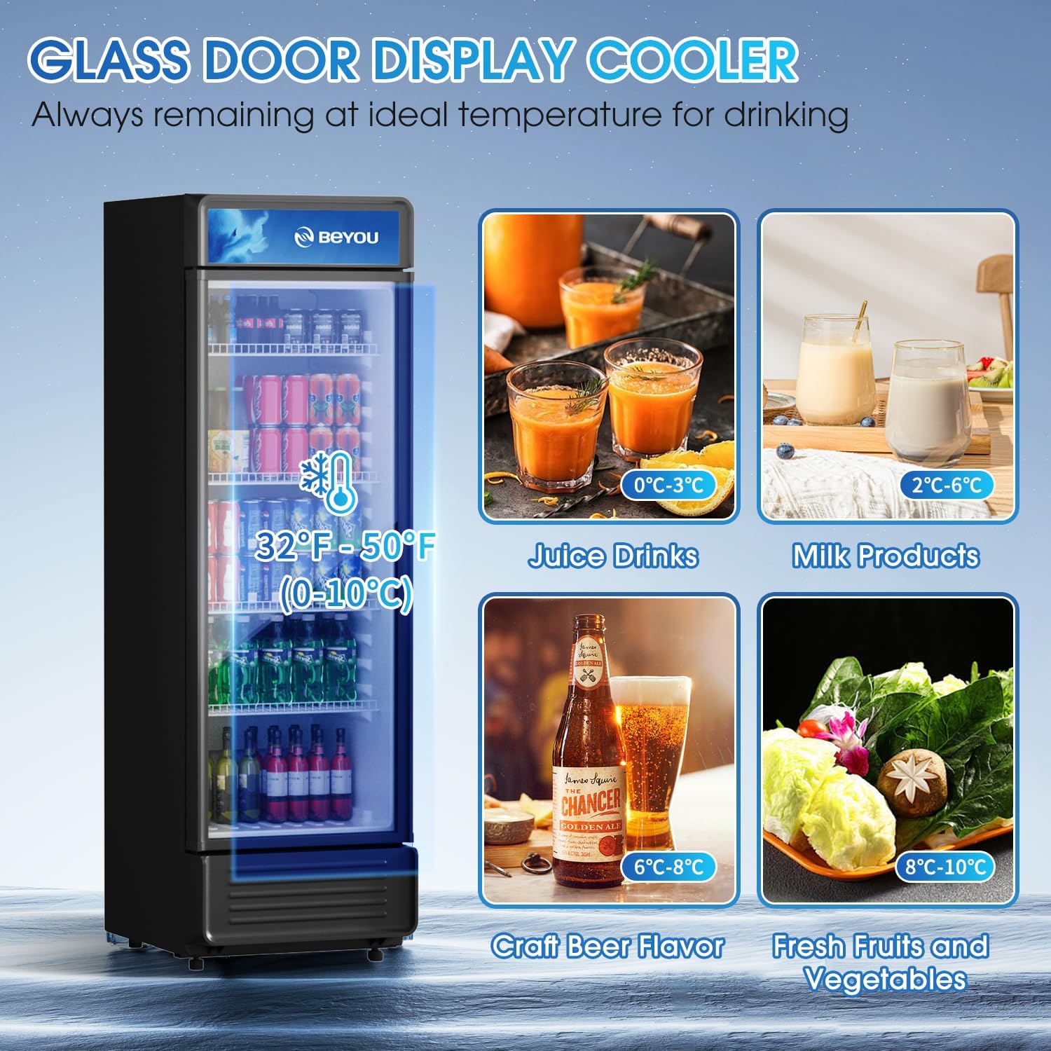 BEYOU Commercial Beverage Refrigerator, 9.7 cu. Ft Upright Dispaly Merchandiser with Single Glass Door, Drink Cooler for Living Room,Bar, Garage（Black）
