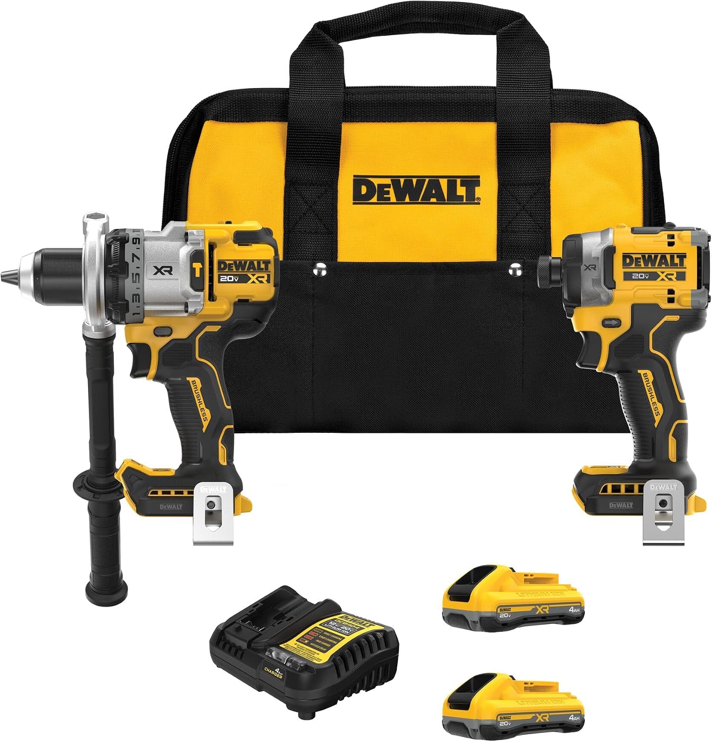 DEWALT 20V MAX XR Brushless Hammer Drill 1/2 In. and High Torque 1/4 Impact Driver Combo with 2 x 4 Ah Batteries and 4 Amp Charger (DCK2112QQ2)